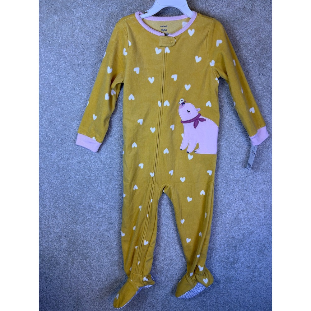 Carter's Footed Pajamas Toddler 4T Yellow Heart Polar Bear Fleece Sleepwear NEW